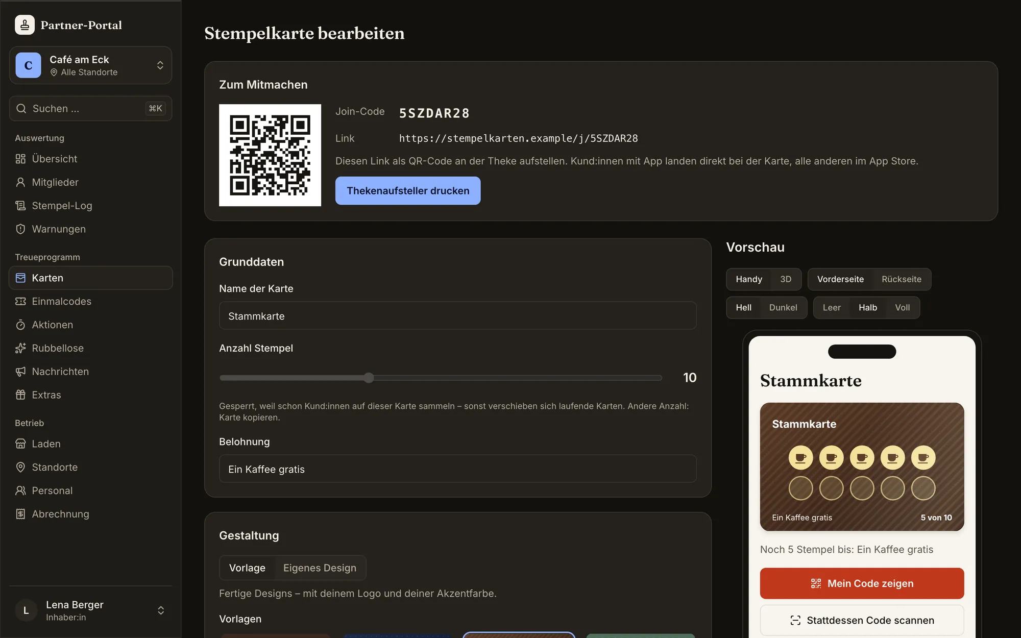 Partner-Portal, Ansicht Stempelkarte bearbeiten: Name, Anzahl der Stempel und Belohnung, dazu die Live-Vorschau der Karte auf einem Handy (Beispieldaten).
